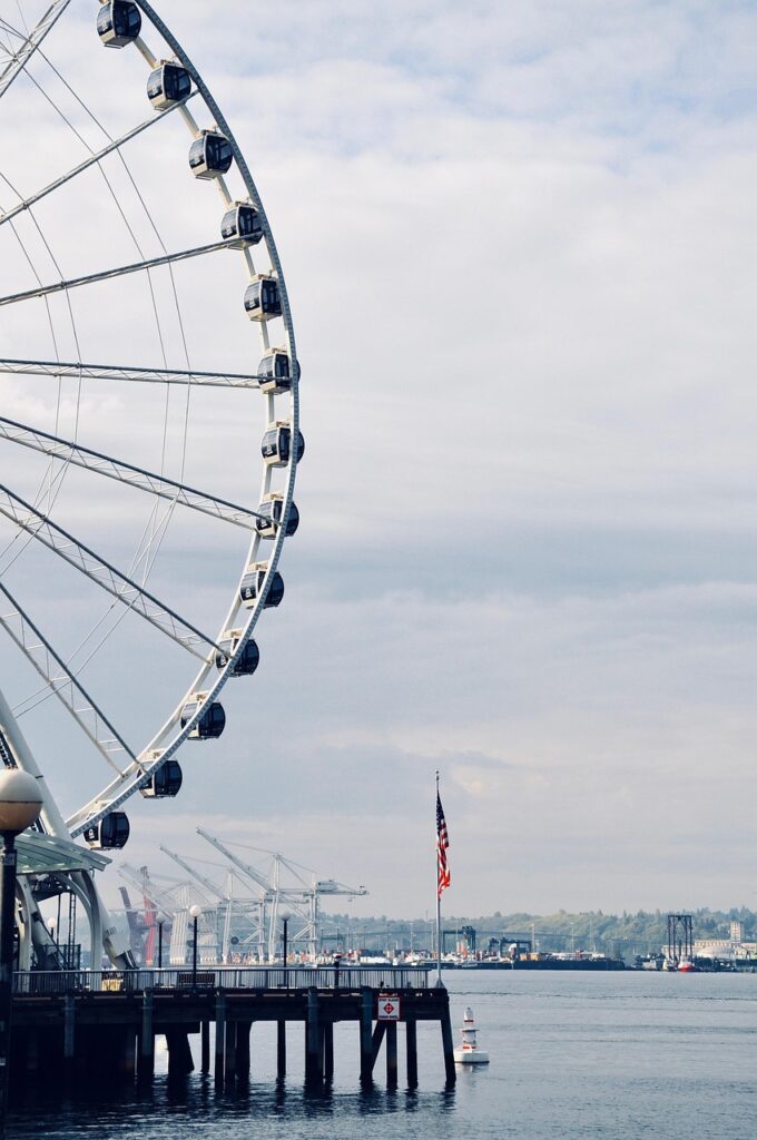 seattle, america, usa, nature, ferris wheel, city, water, washington state, american flag, pier, tourism