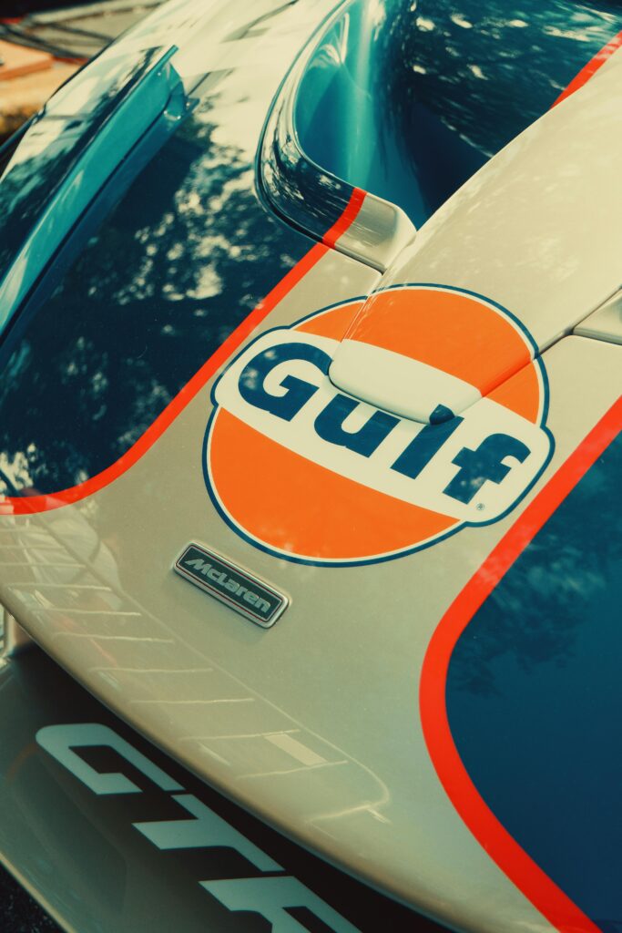 Detailed view of a classic racing car featuring iconic Gulf livery in Celebration, FL.